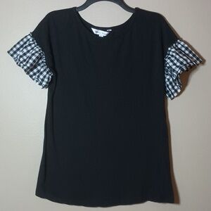 Rebecca Malone Black Top with Gingham Sleeves